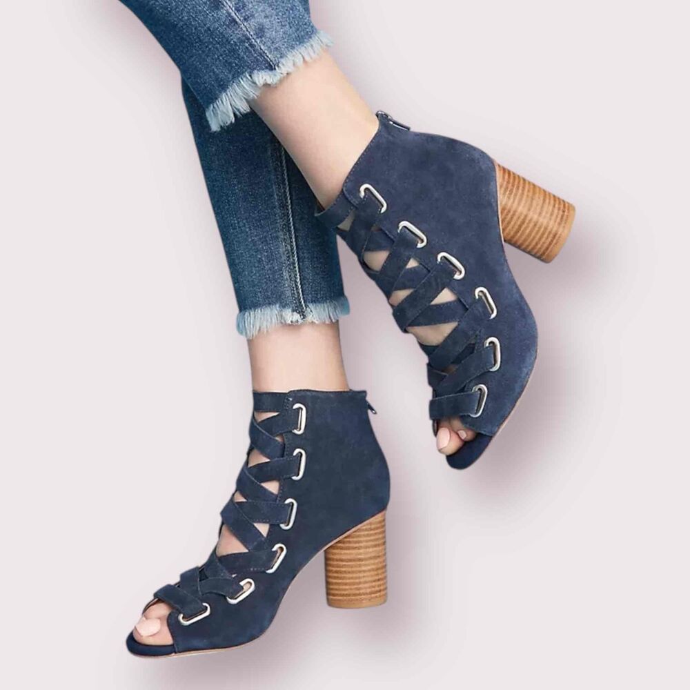 Jeffrey Campbell Blue Suede Lace Up Block Heel Peep Toe Salazar Sandals Size 9.5
